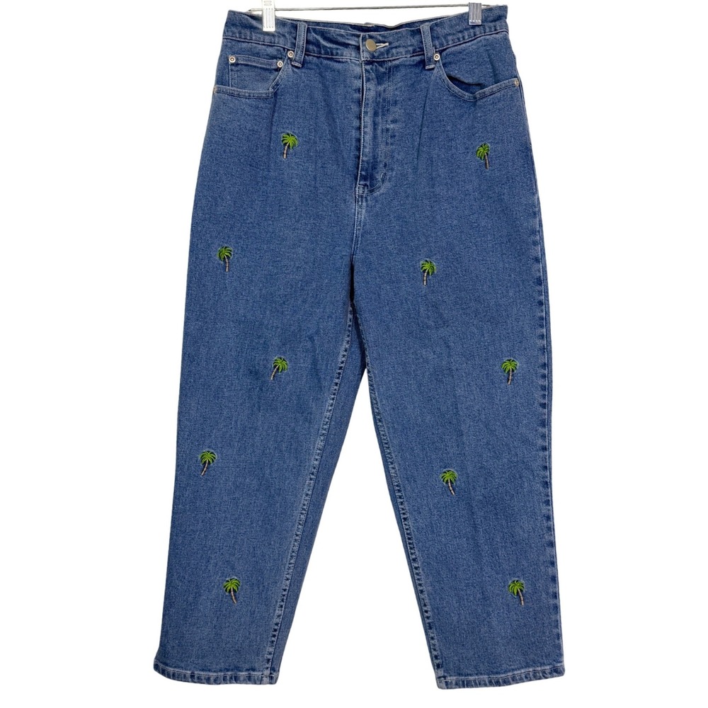 Quacker Factory Palm Tree Embroidered High Waist Straight Leg Jeans Blue Size 12